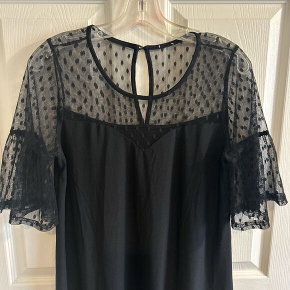 WOMENS SIZE MEDIUM BLACK MESH TRIM BELL SLEEVE DRESS - Picture 3 of 10